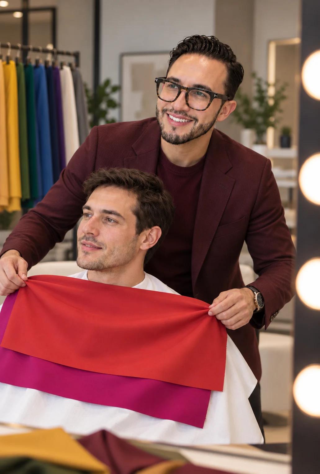 Luis Barahona durante un análisis de Personal Color con telas de diagnóstico frente al espejo