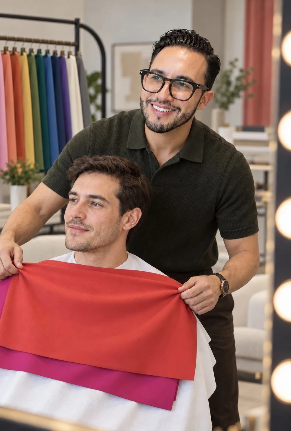 Luis Barahona durante un análisis de Personal Color con telas de diagnóstico frente al espejo
